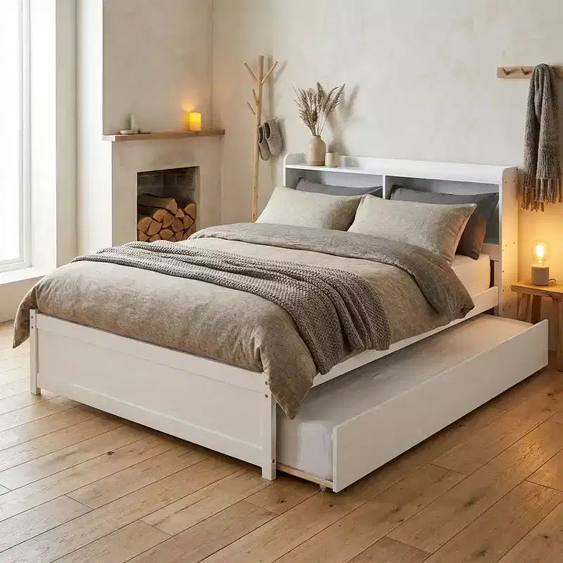 Letto singolo a piattaforma con letto estraibile e testiera con contenitore – Supporto a doghe in legno, bianco