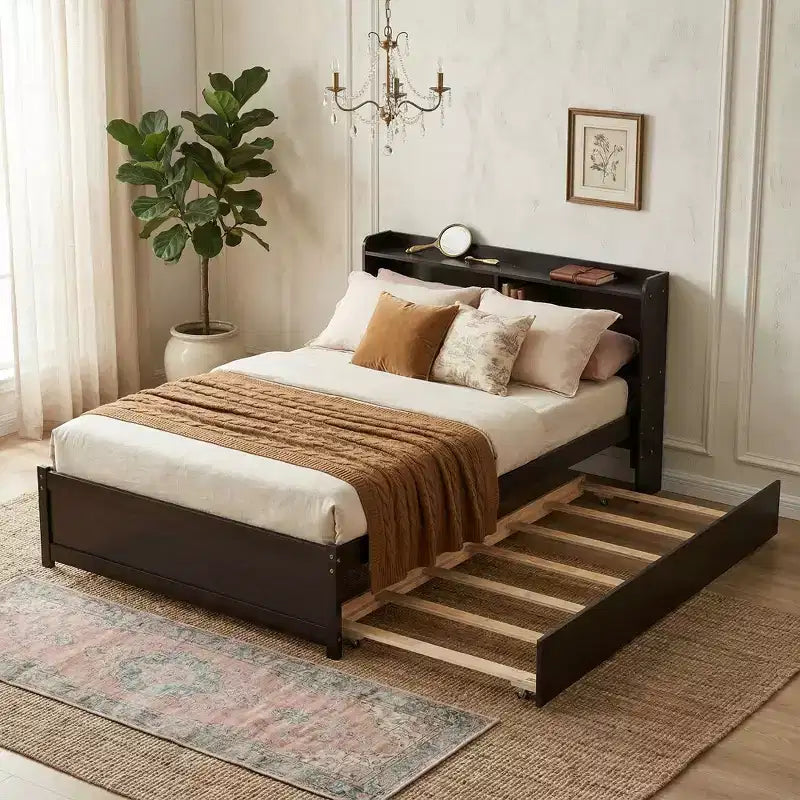 Letto singolo a piattaforma con letto estraibile e testiera con contenitore – Supporto a doghe in legno, bianco