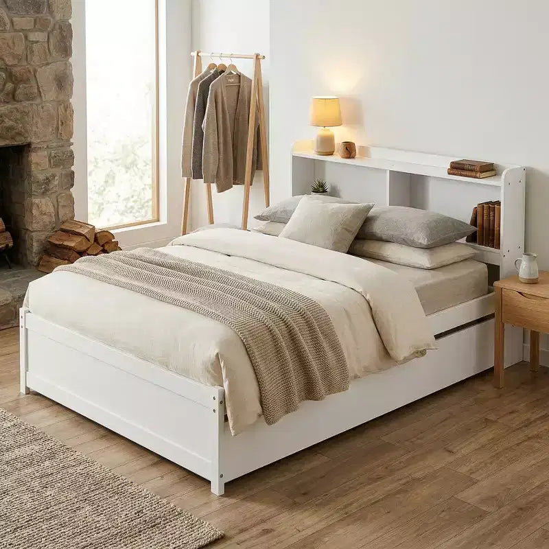 Letto singolo a piattaforma con letto estraibile e testiera con contenitore – Supporto a doghe in legno, bianco