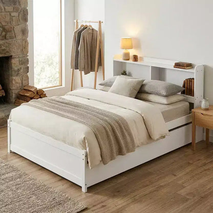 Letto singolo a piattaforma con letto estraibile e testiera con contenitore – Supporto a doghe in legno, bianco