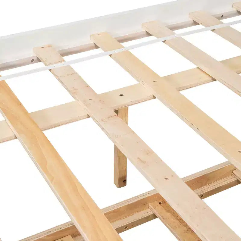 Letto singolo a piattaforma con letto estraibile e testiera con contenitore – Supporto a doghe in legno, bianco