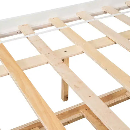Letto singolo a piattaforma con letto estraibile e testiera con contenitore – Supporto a doghe in legno, bianco