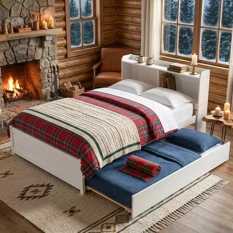 Letto singolo a piattaforma con letto estraibile e testiera con contenitore – Supporto a doghe in legno, bianco