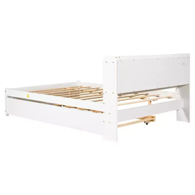 Letto singolo a piattaforma con letto estraibile e testiera con contenitore – Supporto a doghe in legno, bianco