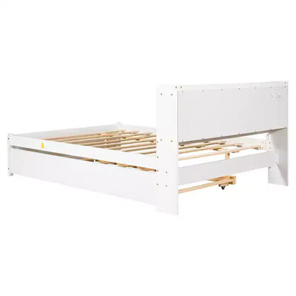 Letto singolo a piattaforma con letto estraibile e testiera con contenitore – Supporto a doghe in legno, bianco