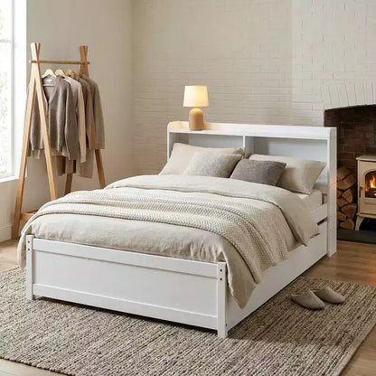 Letto singolo a piattaforma con letto estraibile e testiera con contenitore – Supporto a doghe in legno, bianco