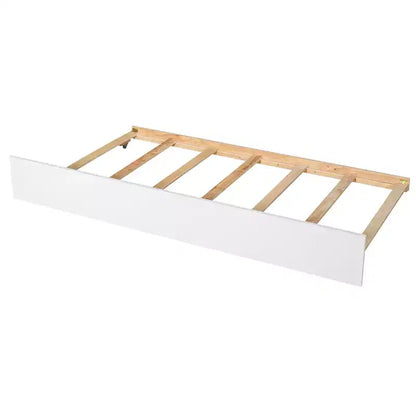 Letto singolo a piattaforma con letto estraibile e testiera con contenitore – Supporto a doghe in legno, bianco