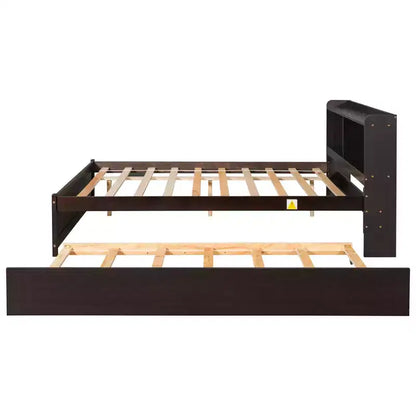 Letto singolo a piattaforma con letto estraibile e testiera con contenitore – Supporto a doghe in legno, bianco