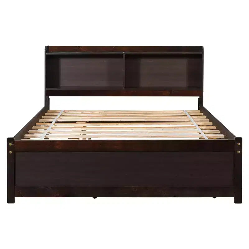 Letto singolo a piattaforma con letto estraibile e testiera con contenitore – Supporto a doghe in legno, bianco