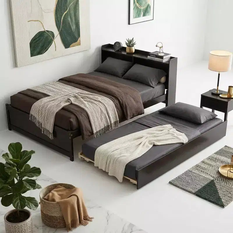 Letto singolo a piattaforma con letto estraibile e testiera con contenitore – Supporto a doghe in legno, bianco