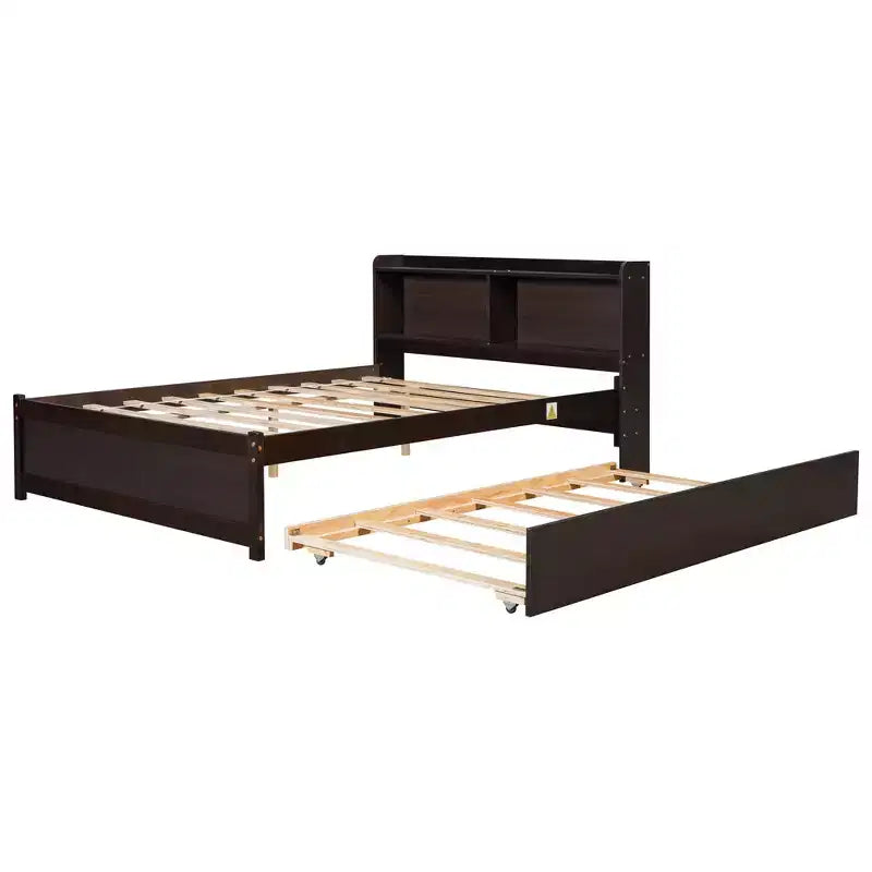 Letto singolo a piattaforma con letto estraibile e testiera con contenitore – Supporto a doghe in legno, bianco