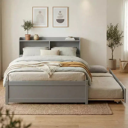 Letto singolo a piattaforma con letto estraibile e testiera con contenitore – Supporto a doghe in legno, bianco
