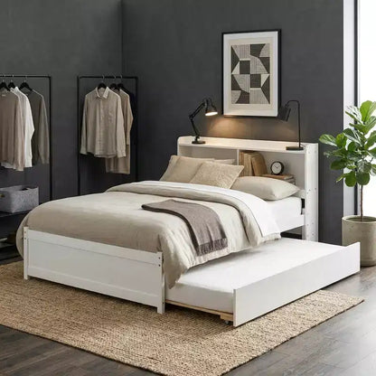Letto singolo a piattaforma con letto estraibile e testiera con contenitore – Supporto a doghe in legno, bianco