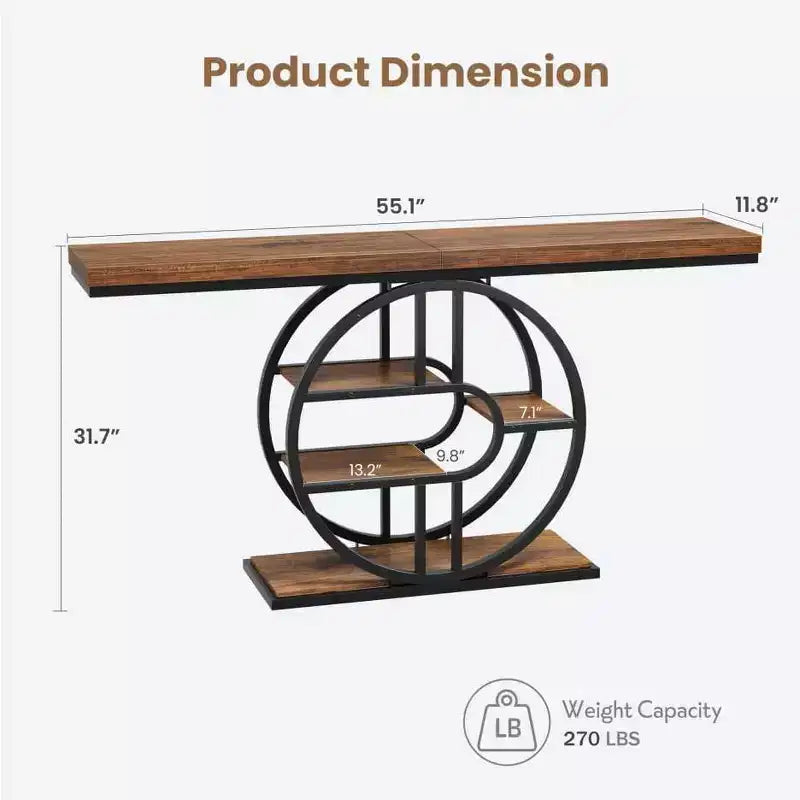 Consolle stretta da 55" per Ingresso, Tavolo da Divano Retrò Industriale Dietro il Divano con Struttura Robusta in Ferro e Piano in Legno per Corridoio e Soggiorno