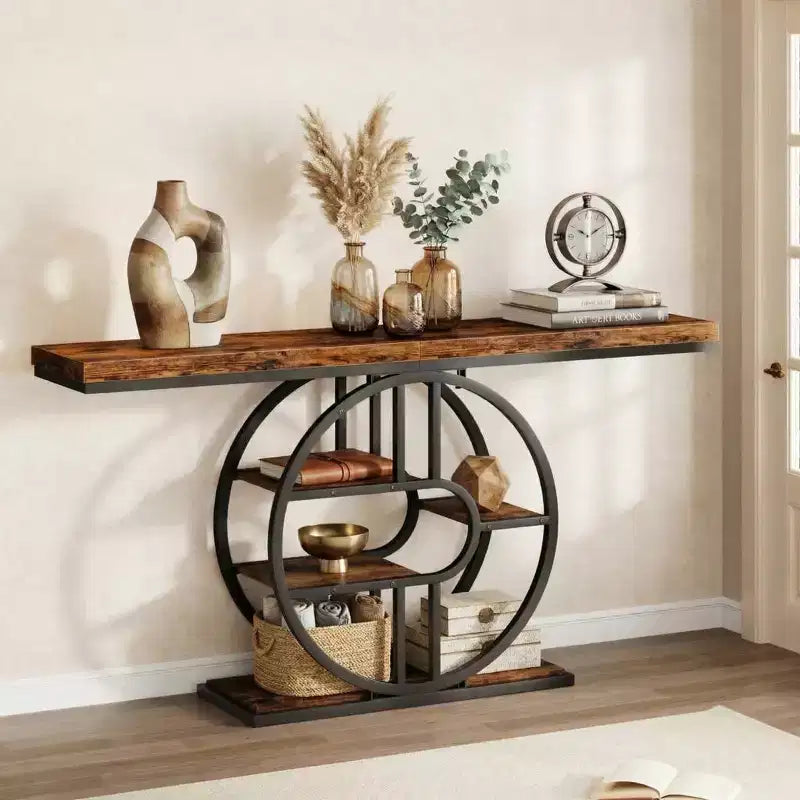 Consolle stretta da 55" per Ingresso, Tavolo da Divano Retrò Industriale Dietro il Divano con Struttura Robusta in Ferro e Piano in Legno per Corridoio e Soggiorno