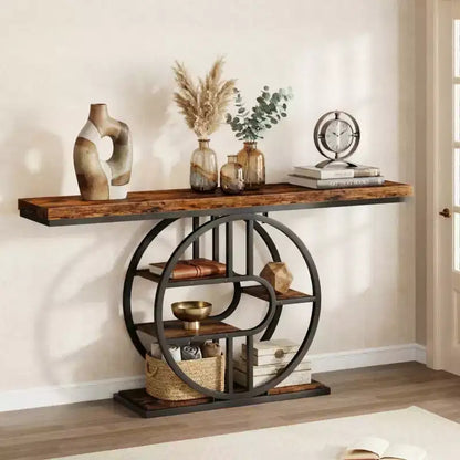 Consolle stretta da 55" per Ingresso, Tavolo da Divano Retrò Industriale Dietro il Divano con Struttura Robusta in Ferro e Piano in Legno per Corridoio e Soggiorno