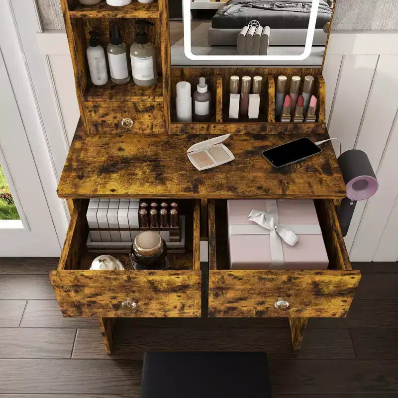 Toeletta Trucco con Specchio Illuminato, Sgabello, Presa di Corrente e Cassetti Contenitori