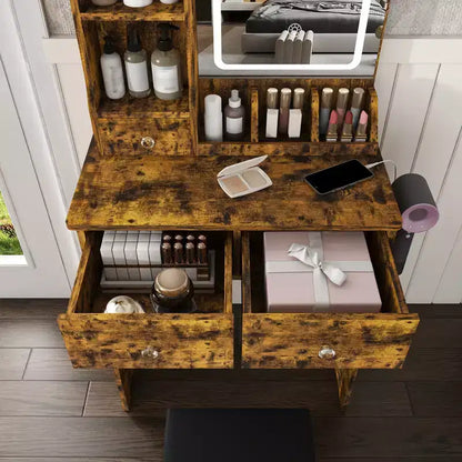 Toeletta Trucco con Specchio Illuminato, Sgabello, Presa di Corrente e Cassetti Contenitori
