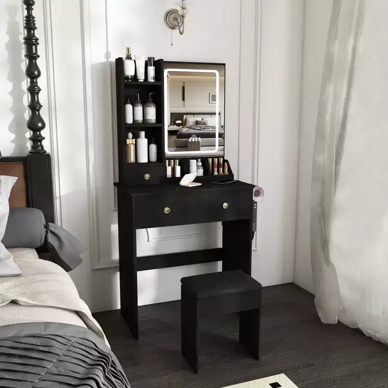 Toeletta Trucco con Specchio Illuminato, Sgabello, Presa di Corrente e Cassetti Contenitori