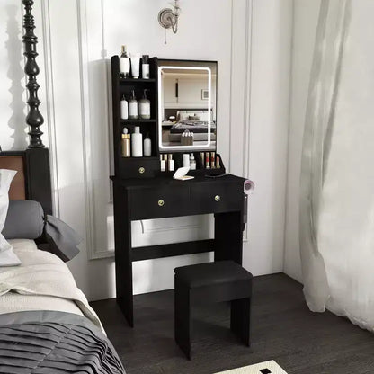 Toeletta Trucco con Specchio Illuminato, Sgabello, Presa di Corrente e Cassetti Contenitori