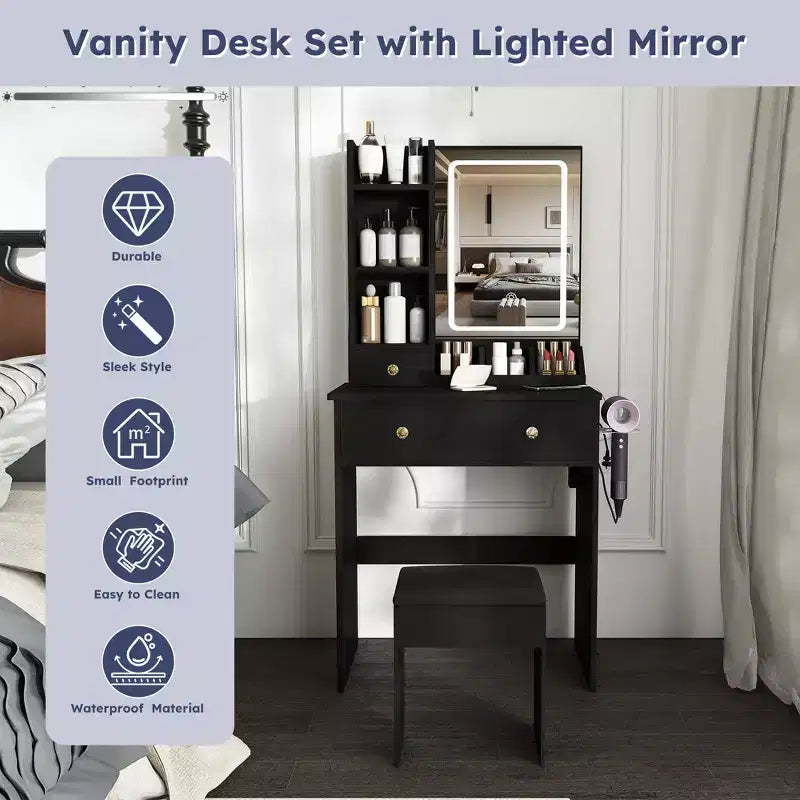 Toeletta Trucco con Specchio Illuminato, Sgabello, Presa di Corrente e Cassetti Contenitori