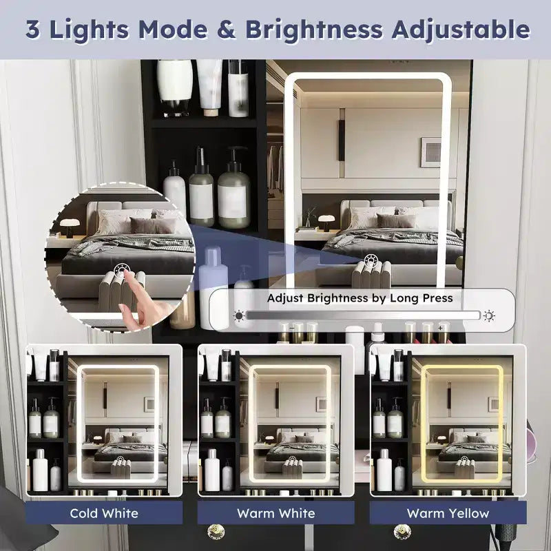 Toeletta Trucco con Specchio Illuminato, Sgabello, Presa di Corrente e Cassetti Contenitori