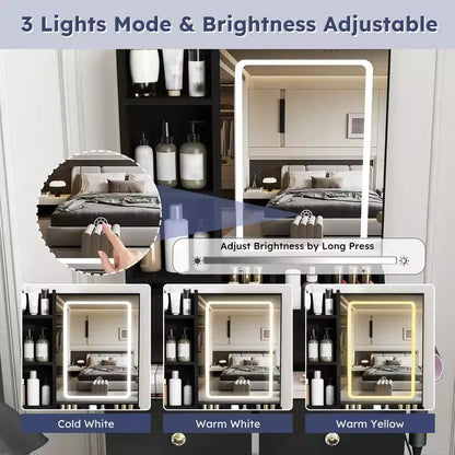 Toeletta Trucco con Specchio Illuminato, Sgabello, Presa di Corrente e Cassetti Contenitori