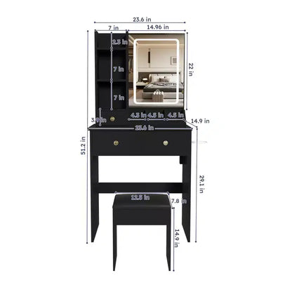 Toeletta Trucco con Specchio Illuminato, Sgabello, Presa di Corrente e Cassetti Contenitori