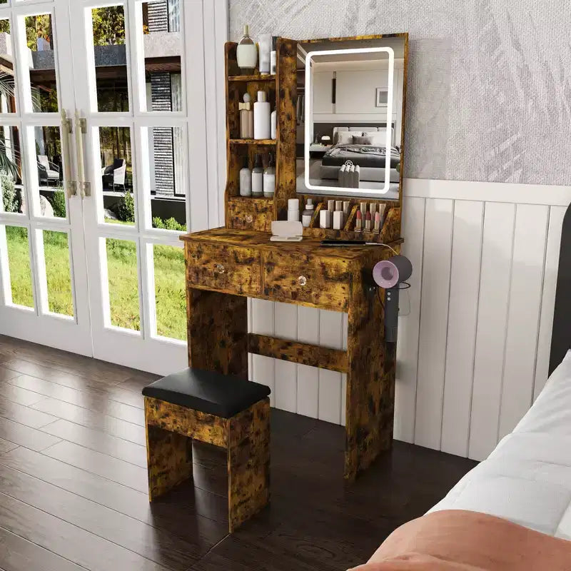 Toeletta Trucco con Specchio Illuminato, Sgabello, Presa di Corrente e Cassetti Contenitori