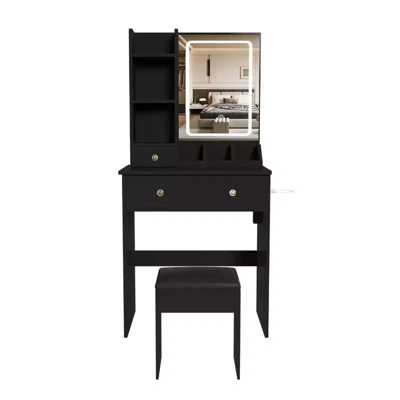 Toeletta Trucco con Specchio Illuminato, Sgabello, Presa di Corrente e Cassetti Contenitori