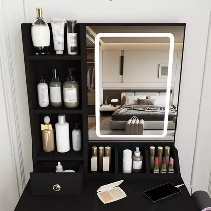 Toeletta Trucco con Specchio Illuminato, Sgabello, Presa di Corrente e Cassetti Contenitori