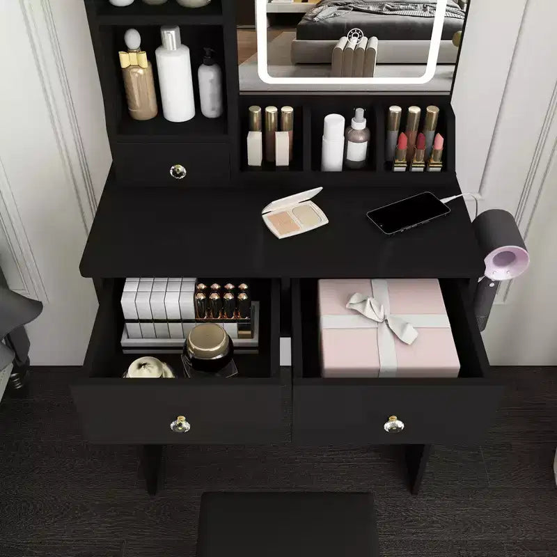Toeletta Trucco con Specchio Illuminato, Sgabello, Presa di Corrente e Cassetti Contenitori