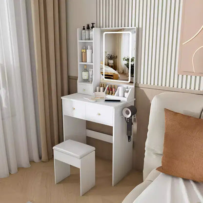 Toeletta Trucco con Specchio Illuminato, Sgabello, Presa di Corrente e Cassetti Contenitori