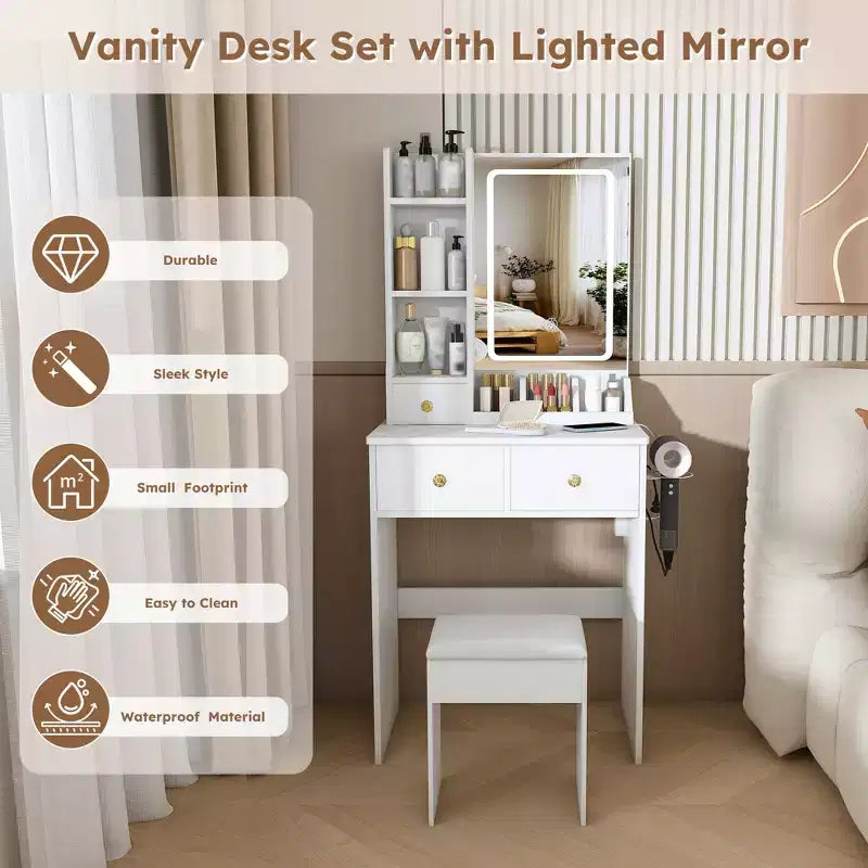 Toeletta Trucco con Specchio Illuminato, Sgabello, Presa di Corrente e Cassetti Contenitori