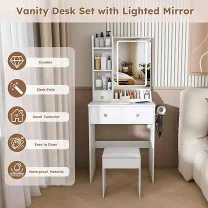 Toeletta Trucco con Specchio Illuminato, Sgabello, Presa di Corrente e Cassetti Contenitori