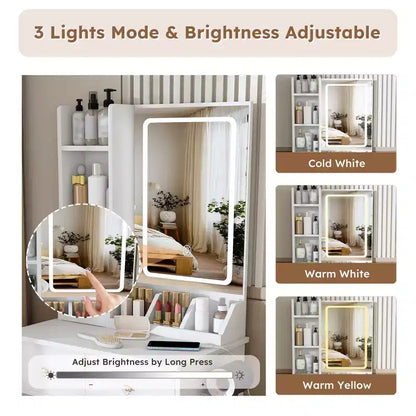 Toeletta Trucco con Specchio Illuminato, Sgabello, Presa di Corrente e Cassetti Contenitori