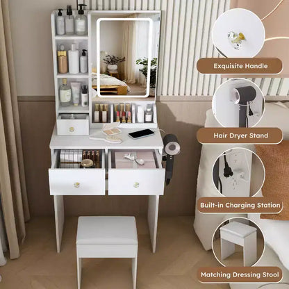 Toeletta Trucco con Specchio Illuminato, Sgabello, Presa di Corrente e Cassetti Contenitori