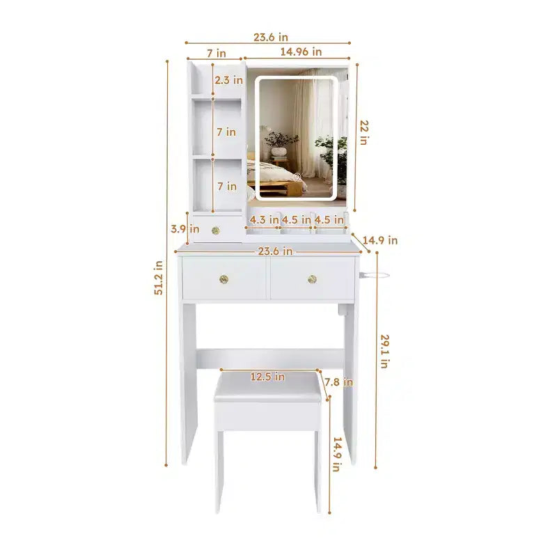 Toeletta Trucco con Specchio Illuminato, Sgabello, Presa di Corrente e Cassetti Contenitori