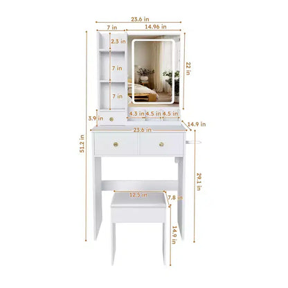 Toeletta Trucco con Specchio Illuminato, Sgabello, Presa di Corrente e Cassetti Contenitori