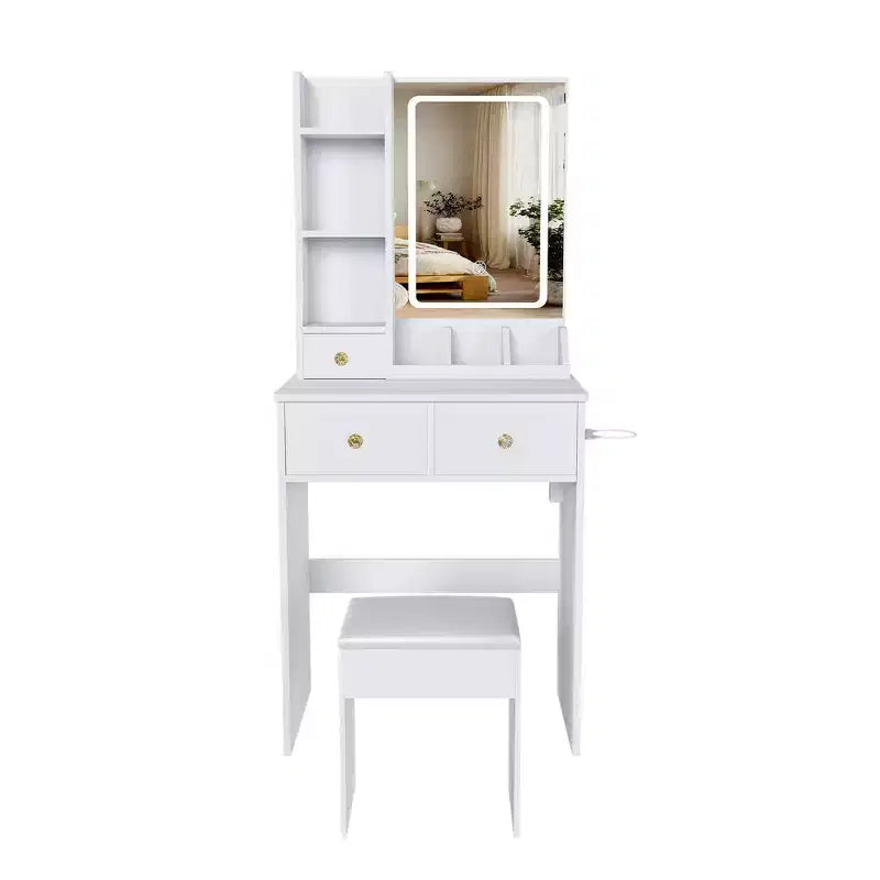 Toeletta Trucco con Specchio Illuminato, Sgabello, Presa di Corrente e Cassetti Contenitori