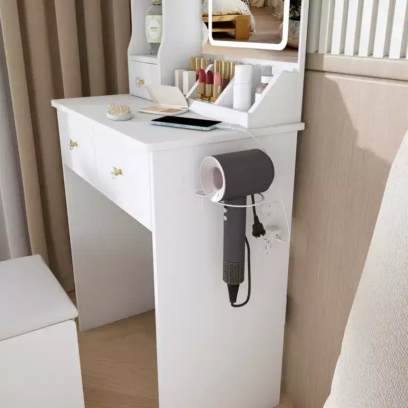 Toeletta Trucco con Specchio Illuminato, Sgabello, Presa di Corrente e Cassetti Contenitori