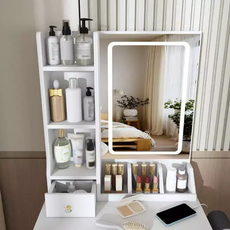 Toeletta Trucco con Specchio Illuminato, Sgabello, Presa di Corrente e Cassetti Contenitori