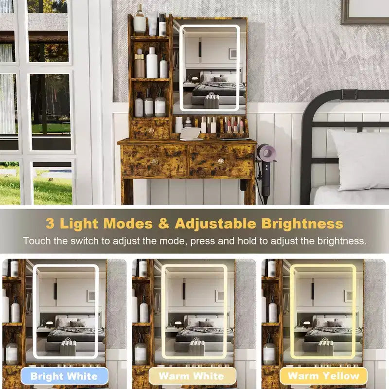 Toeletta Trucco con Specchio Illuminato, Sgabello, Presa di Corrente e Cassetti Contenitori