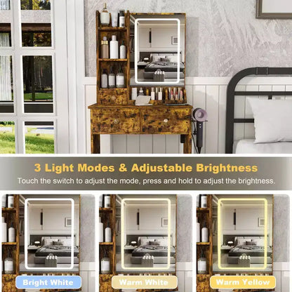 Toeletta Trucco con Specchio Illuminato, Sgabello, Presa di Corrente e Cassetti Contenitori