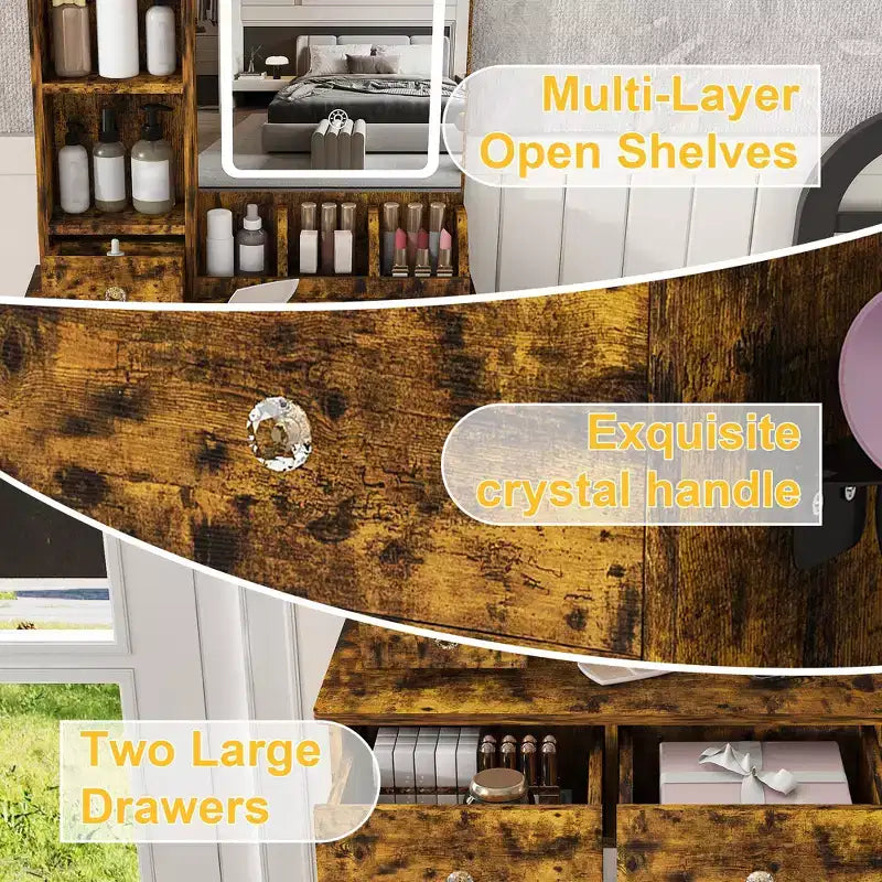 Toeletta Trucco con Specchio Illuminato, Sgabello, Presa di Corrente e Cassetti Contenitori