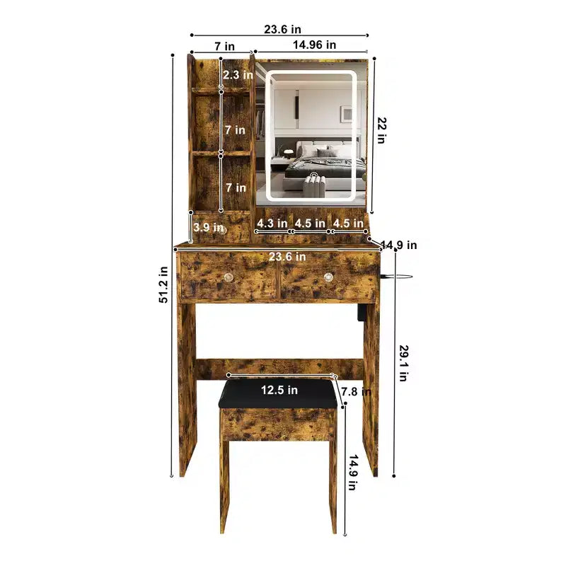 Toeletta Trucco con Specchio Illuminato, Sgabello, Presa di Corrente e Cassetti Contenitori