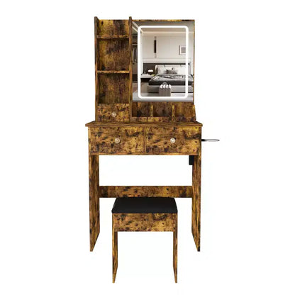 Toeletta Trucco con Specchio Illuminato, Sgabello, Presa di Corrente e Cassetti Contenitori