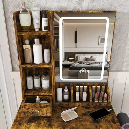 Toeletta Trucco con Specchio Illuminato, Sgabello, Presa di Corrente e Cassetti Contenitori