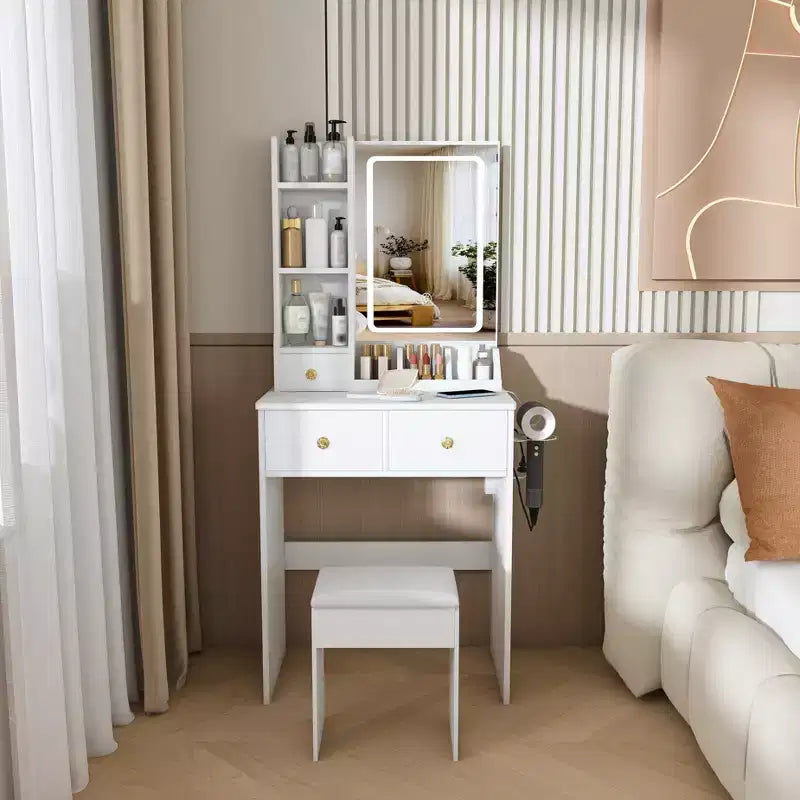 Toeletta Trucco con Specchio Illuminato, Sgabello, Presa di Corrente e Cassetti Contenitori