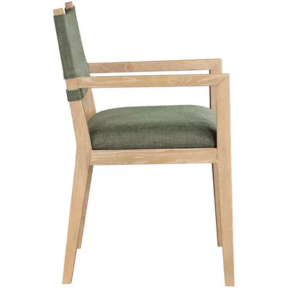 Sedia da pranzo con braccioli in tessuto testurizzato color lino oliva – Legno di frassino massello, stile contemporaneo
